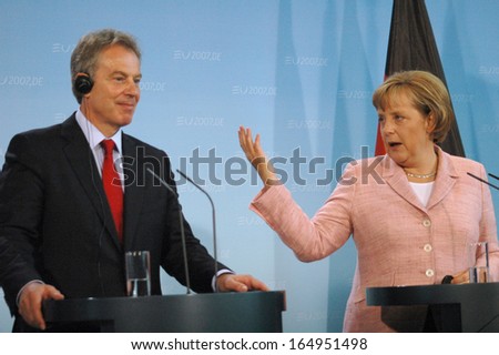 JUNE 3, 2007 - BERLIN: British Prime Minister Tony Blair, German Chancellor Angela Merkel at a press conference after a meeting in the Chanclery in Berlin.