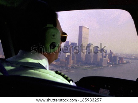 JUNE 1999 - NEW YORK: an aerial view from the inside of a helicopter towards the Twin Towers of the World Trade Center, Manhattan, New York.