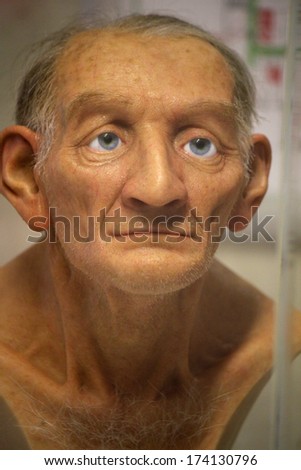 DECEMBER 2013 - BERLIN: a realistical figurine showing an older man by \
