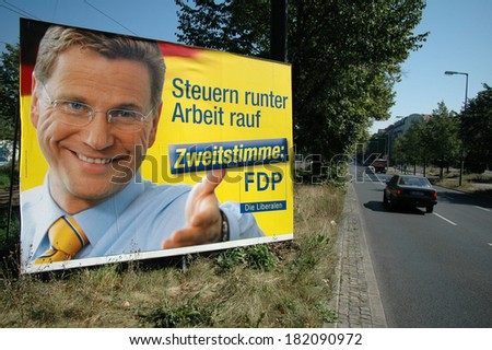 CIRCA SEPTEMBER 2005 - BERLIN: Gudo Westerwelle (FDP) on an election poster to the upcoming general elections in Germany 2005.