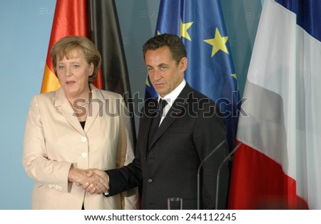 MAY 16, 2007 - BERLIN: German Chancellor Angela Merkel with French President Nicolas Sarkozy at the first offical visit of the newly elected French President in Germany, Chanclery, Berlin.
