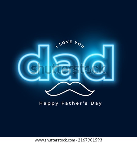 neon style happy father's day celebration banner design, Father's Day poster or banner template with necktie and gift box on blue background.Greetings and presents for Father's Day in flat lay styling Foto stock © 