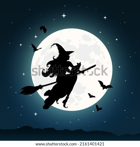 Silhouette of a beautiful witch flying on a broom against full moon light, wizard with cat, wizard with bats. Halloween background, fantasy and magic. Vector illustration