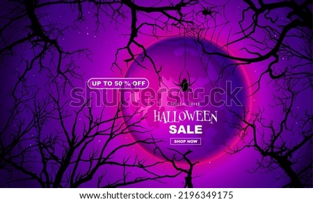 Vector illustration of Happy Halloween sale, Bottom view of bare trees with cobwebs and spiders on it, and a huge purple, violet moon behind, up to 50% off offer, template for websites.