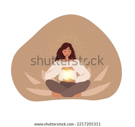 Reiki healing energy, woman in pose lotus, energy worker practicing with healing hands. Spiritual healing concept. Flat  vector illustration