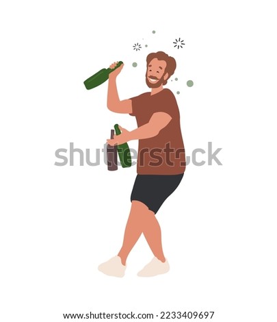 Drunk adult Man with bottles of wine in his Hands. Cartoon flat vector illustration isolated on white background. Alcoholism, alcoholic concept. 
Boozy Drunk Man Walking Tipsy Screwed, Drunkenness.  Foto d'archivio © 