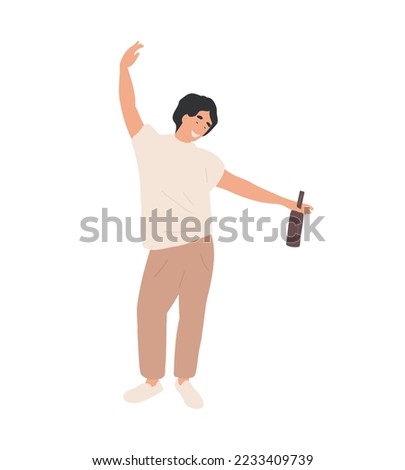 Drunk Man with bottles of wine in his Hands. Cartoon flat vector illustration isolated on white background. Alcoholism, alcoholic concept. 
Boozy Drunk Man Walking Tipsy Screwed.  Foto d'archivio © 