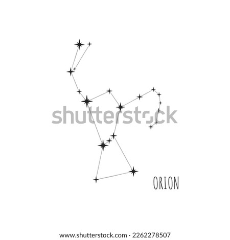 Simple constellation scheme Orion. Doodle, sketch, drawn style,  linear icons of all 88 constellations. Isolated on white background