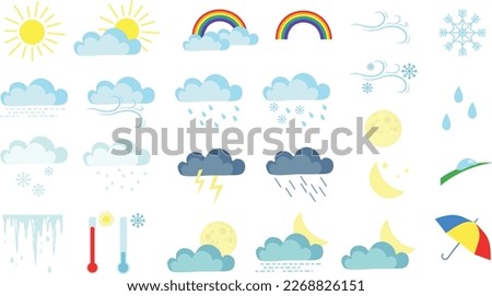 Vector weather cartoon icon set. Icons for weather forecast. Sun and moon, rain and snow, clouds, rainbow, snowflakes and raindrops, wind, lightning. 