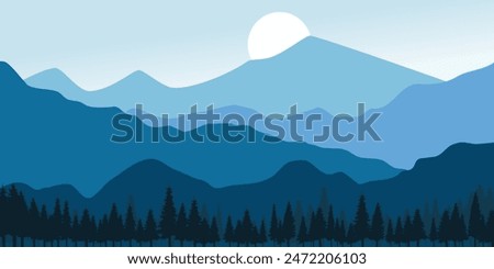 illustration landscape mountain range with a blue sky. The mountains are covered in trees and the sky is clear and bright. The scene is peaceful and serene