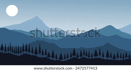 blue mountain illustration landscape vector with a large moon and clear sky, with tree silhouette