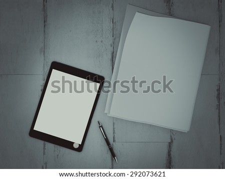 Blank stationery set on wood background paper, tablet, sheets and pen. Business mockup template identity