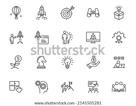 Startup business idea line icon. Strategy start project rocket creative brain vector plan startup launch technology