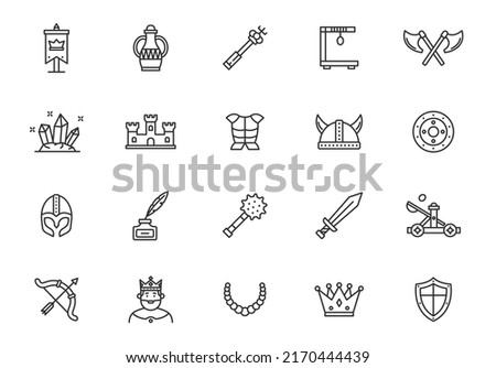 Medieval vector line icon set. Knight castle king battle throne icons, medieval crown sword symbol.