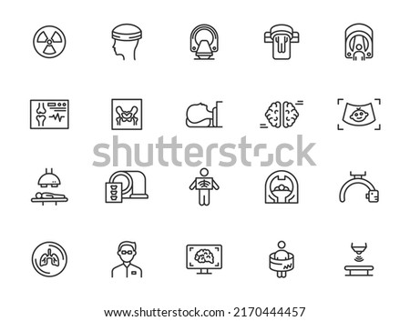 X ray line icon set. Radiology chest magnetic resonance tomography scan. Xray body lung bone treatment