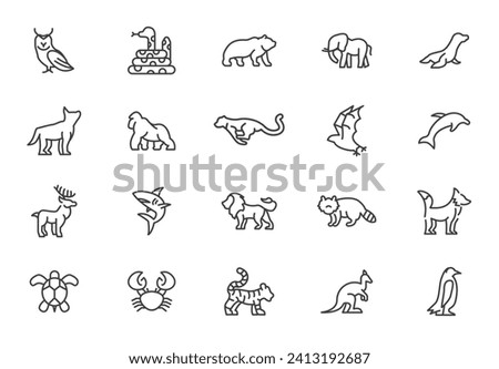 Wild animal line icons minimal style. Wildlife animals crocodile giraffe elephant gorilla raccoon vector line icon collection.