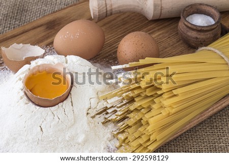 Healthy eating, noodle from the hard sorts of wheat, flour . grain, eggs and salt