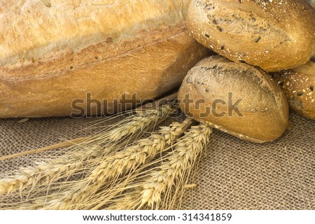 bunch an ear of wheat..sheaf of wheat. bunch. cloth burlap. bread and buns.