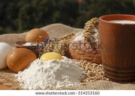 wheat and eggs and flour. an ear of wheat. a glass of milk. background cloth burlap. top view