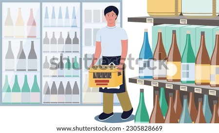 Vector illustration of a male clerk wearing an apron carrying a beer case at a liquor store