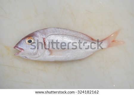 Small fish with open mouth on white cutting board