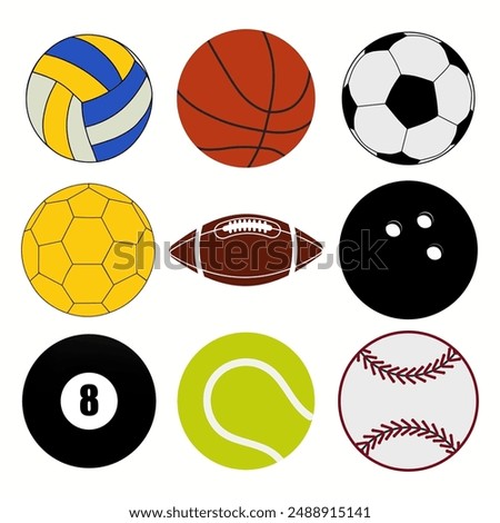 Sport balls. Isolated vector icons of sport balls and team gaming items of bowling, soccer, rugby, football, baseball, basketball, tennis, handball, volleyball