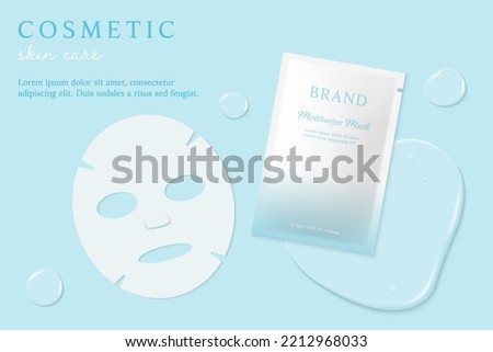Cosmetics and mask ads template on blue background with essence.