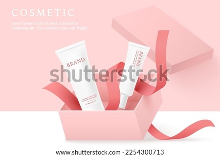 Cosmetics and skin care product ads template on pink background with gift box and ribbon.