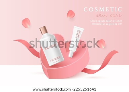 Cosmetics and skin care product ads template on pink background with heart shape gift box and ribbon.