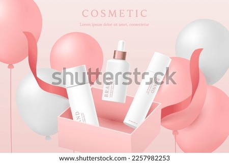 Cosmetics and skin care product ads template in pink gift gift box with ribbon and balloons.