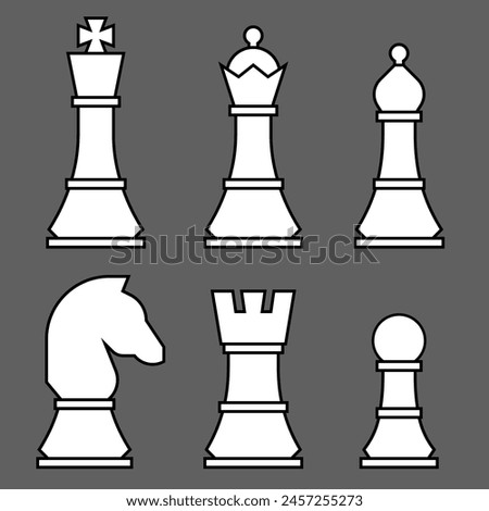 A set of chess pieces in a solid color fill style, on a gray background