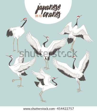 Japanese dancing cranes. Vector set with traditional motives.