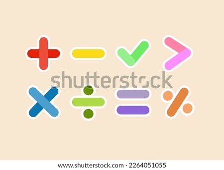 Colorful math symbol sign sticker set. Education, school learning, mathematic concept. Flat vector design illustration isolated on background.