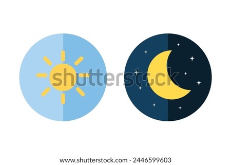 Day and night icon set. Sun and moon sign. Flat modern vector design illustration isolated on white background.