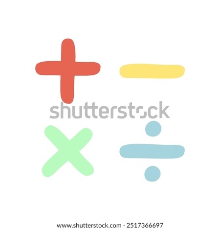 Pastel math symbol sign. Addition, subtraction, division, multiplication. Education, school learning concept. Flat hand drawn vector design illustration isolated on white background.