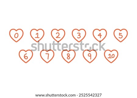 Hand drawn heart shape number 0-10 bullet point outline collection. Holiday celebration, romance, love, anniversary concepts. Flat decorative vector design isolated illustration.