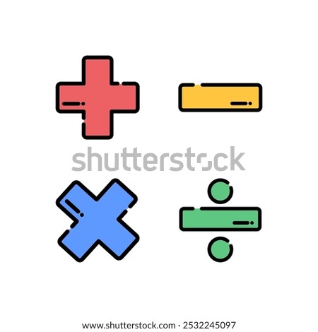 Math sign. Addition, subtraction, division, multiplication. Education, school learning concept. Colored outline vector design isolated illustration.