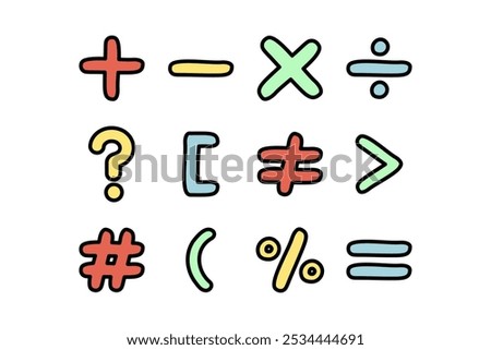 Pastel math symbol sign set. Addition, subtraction, division, multiplication, percentage. Education, school learning concept. Hand drawn doodle vector design isolated illustration.