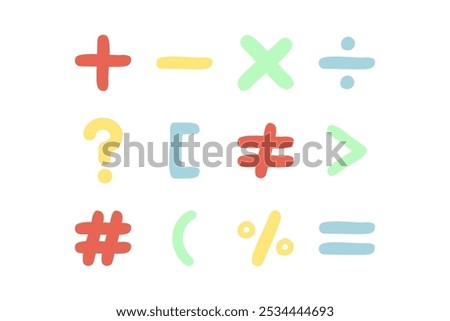 Pastel math symbol sign set. Addition, subtraction, division, multiplication, percentage. Education, school learning concept. Hand drawn doodle vector design isolated illustration.