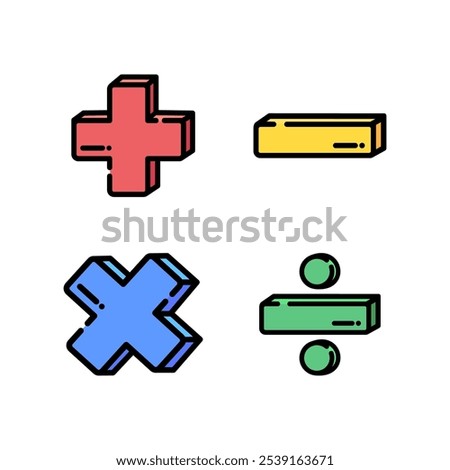 Math sign. Addition, subtraction, division, multiplication. Education, school learning concept. Colored outline vector design isolated illustration.