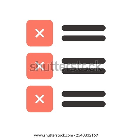 Cross mark checklist icon. Business, task, report, schedule, plan, cancel concepts. Flat vector design isolated illustration.