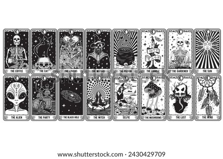 Tarot Cards Bundle Funny, Tarot Cards, Tarot Bundle, Funny Tarot, the coffee, the cat, the lovers, the wizard, the alien, the party, the black hole, the witch, the potion, the candle, the gardener