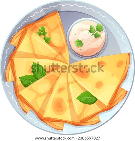 Stack of thin pancakes with bowl for parsley sauce on plate, top view. Vector illustration of delicious food in cartoon style