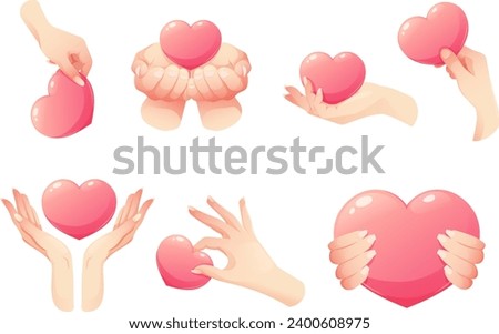 Set of cartoon hands with hearts. Fingers hold heart. Vector illustration, icons for Valentine's Day, Kindness Day, love, support