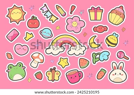 Big set of kawaii stickers with clipping backing. Cute sticker of frog, hare, weather, dessert. Vector design elements in childish style