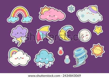 Set of cute kawaii stickers with weather. Sun, cloud, rain, lightning, wind, snow. Cute faces for children. Vector icons