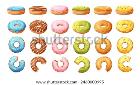 Collection of delicious cartoon donuts with glaze in different twists and turns. Donut side view, turned, top view, bite off. Vector illustration