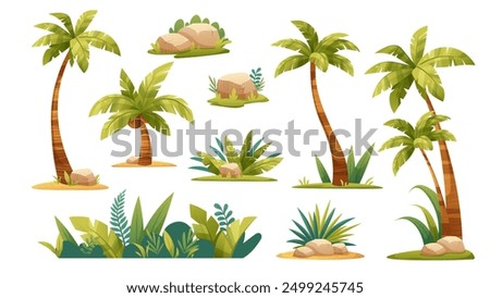 Set of cartoon palm trees on white background. Tropical plants, decoration for summer, beach. Vector elements