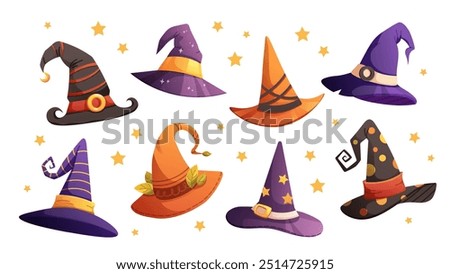 Set of wizard hats, witch hats. Cone hats, high headwear with metal buckles. Vector illustrations on white background