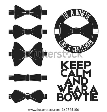 Illustration set of bow tie in vector on white background. Bow-tie logo, label, icon for projects, cards, invitations. Gentleman illustration with bowtie quote.
